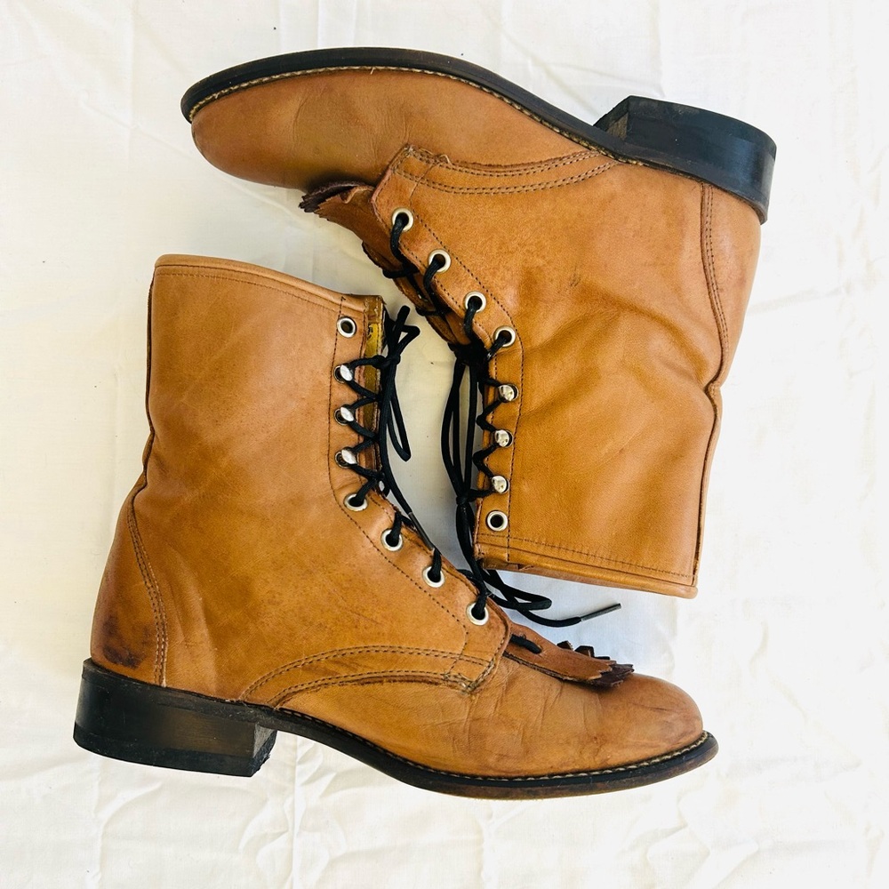 Laredo Tan Lace-Up Leather Roper Boots - Picture 9 of 16